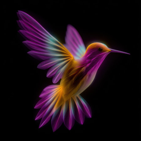 This stunning image features a vibrant hummingbird with colorful neon feathers gracefully flying against a dark background, showcasing the beauty and elegance of nature.の素材