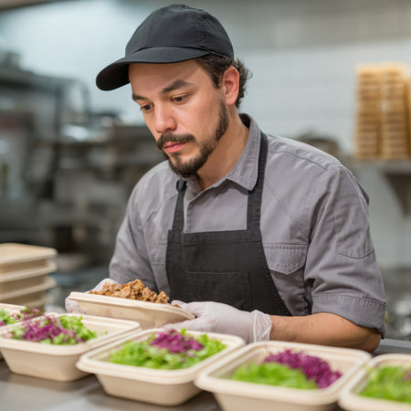 A focused chef is expertly preparing fresh meals in a commercial kitchen, showcasing vibrant ingredients and meticulous plating techniques.の素材