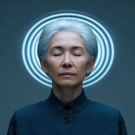 This image captures an elderly woman in a meditative pose, embodying serenity and wisdom. Soft light creates a calming halo effect, enhancing the tranquil atmosphere.の素材