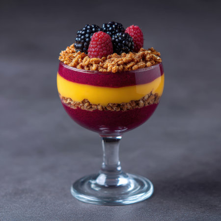 A beautifully presented layered dessert featuring vibrant colors and textures. This gourmet treat includes fresh berries and crunchy granola, perfect for any occasion.の素材
