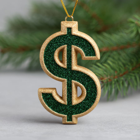 This close-up features a glittering green dollar sign ornament with gold accents, beautifully showcased against an evergreen background, ideal for festive themes.の素材