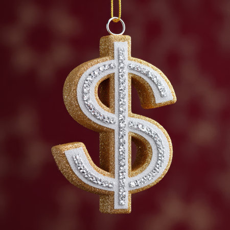 A sparkling dollar sign ornament in gold and silver with a festive starry background, perfect for enhancing holiday decorations or celebrations.の素材