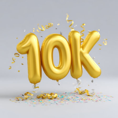 This image showcases shiny golden balloons forming the number ten thousand, surrounded by colorful confetti and streamers, creating a vibrant celebration atmosphere.の素材
