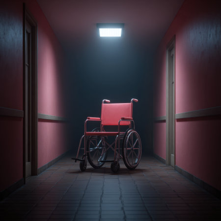 A striking image of an empty wheelchair positioned in a dimly lit hospital corridor, highlighting themes of isolation, vulnerability, and the human experience within healthcare spaces.の素材