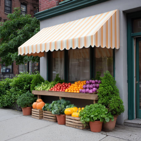 A charming outdoor produce stand showcases an array of colorful fruits and vegetables under a striped awning in an urban environment.の素材