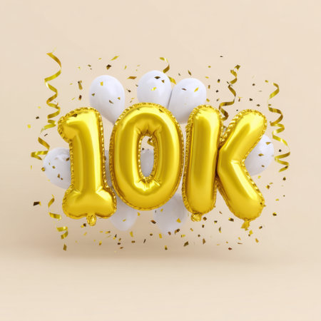 This vibrant image showcases golden "10K" balloons surrounded by white balloons and confetti, perfect for marking a special celebration or milestone.の素材