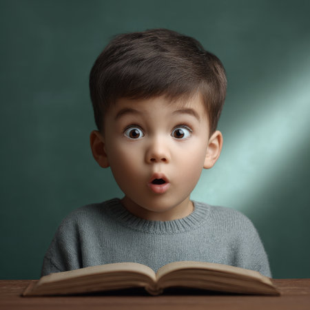 A young boy with an expression of surprise looks at an open book in a cozy indoor setting. The soft lighting highlights his wonder and curiosity.の素材