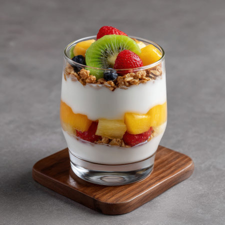 A colorful yogurt parfait featuring layers of fresh fruits and granola, served in a clear glass on a wooden tray. Perfect for breakfast or dessert.の素材