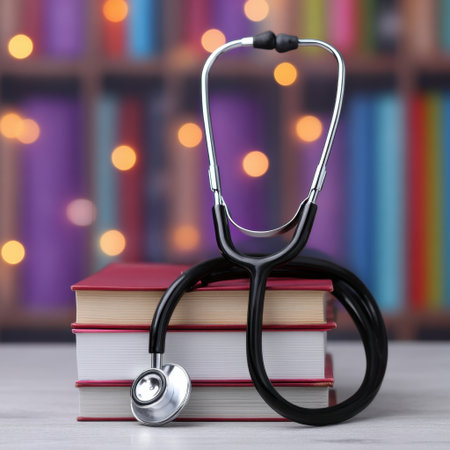 A stethoscope rests on a vibrant stack of books, symbolizing education in healthcare. The blurred bokeh background adds a warm, inviting ambiance.の素材