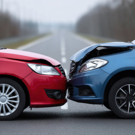 Two cars, one red and one blue, are in a minor collision on an empty road with trees and fog in the background, creating a tranquil yet dramatic scene.の素材