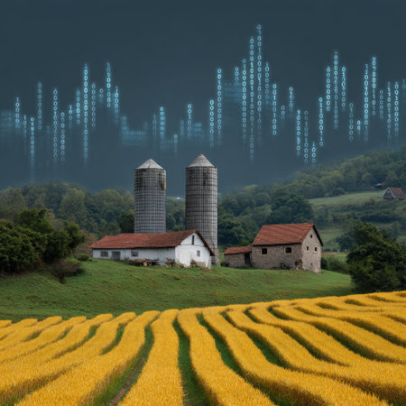 An artistic depiction of a serene rural landscape featuring silos and a farmhouse, enhanced by a digital binary code overlay that symbolizes the merging of technology with agriculture.の素材