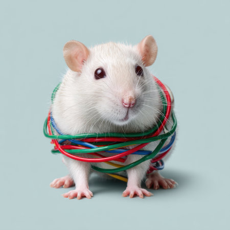 This charming photograph features a domestic rat playfully tangled in colorful wires. The soft blue background enhances the adorable qualities of the small pet, making this image perfect for various creative projects.の素材