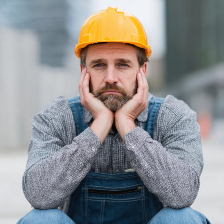 A contemplative construction worker wearing a hard hat and overalls sits thoughtfully at a construction site, reflecting on challenges faced.の素材