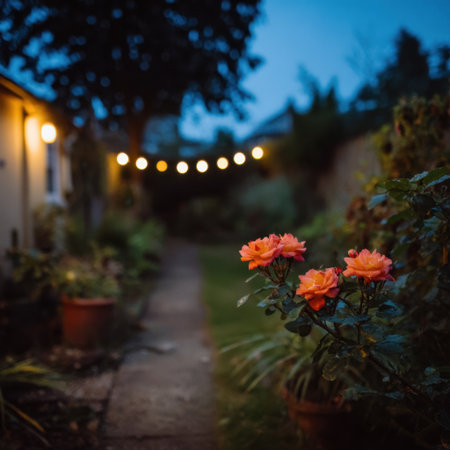 A picturesque garden pathway featuring vibrant orange roses with twinkling lights overhead, creating a warm and inviting evening atmosphere.の素材