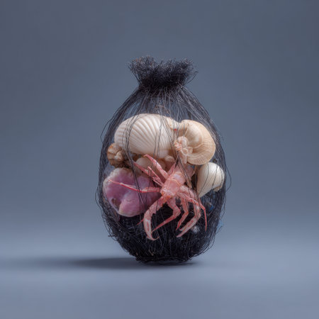 An artistic arrangement of vibrant sea creatures nestled in a mesh bag, showcasing the beauty of marine life and emphasizing ocean conservation.の素材