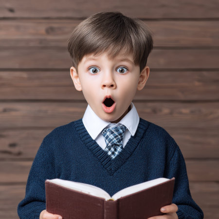A young boy with an astonished expression engages with a book, showcasing emotions like surprise and curiosity against a rustic wooden background.の素材