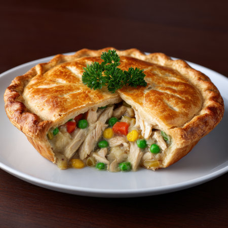 A tempting chicken pot pie featuring a flaky crust filled with tender chicken and colorful vegetables. Perfect for cozy family dinners or special occasions.の素材