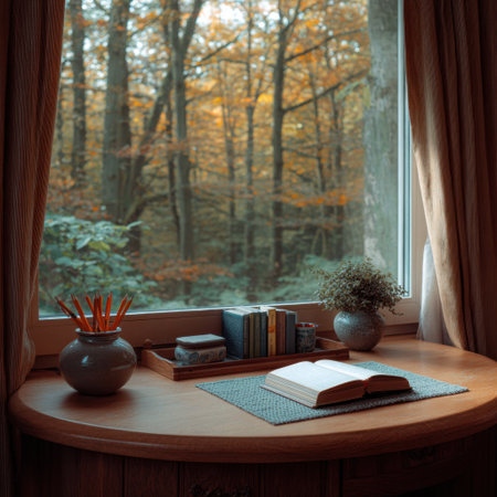 A serene reading nook featuring an open book, cozy decor, and a beautiful view of an autumn forest through a window. Perfect for relaxation and inspiration.の素材