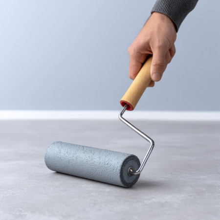 A hand gripping a gray paint roller is poised above a fresh surface, symbolizing the excitement of home renovation and creative decorating projects.の素材
