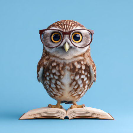 This charming illustration features a cute owl wearing glasses, standing on an open book against a vibrant blue background. The artwork captures a whimsical and playful essence, perfect for educational and creative themes.の素材