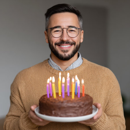 A cheerful man in a cozy sweater is joyfully celebrating his birthday by holding a chocolate cake adorned with colorful candles.の素材