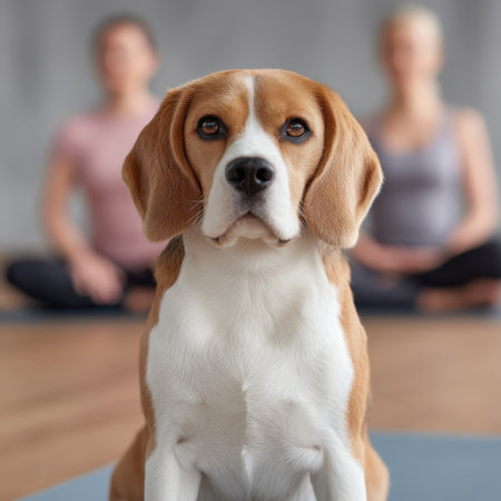 A charming beagle dog sits attentively in front of individuals practicing yoga in a bright indoor studio, symbolizing the bond between pets and fitness.の素材