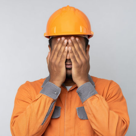 A construction worker in an orange uniform and hard hat expresses frustration by covering his face with his hands at the workplace. This image captures the emotional challenges often faced in hazardous work environments.の素材