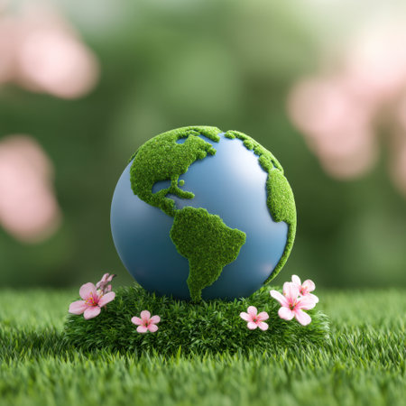 A vibrant earth globe rests on fresh green grass, surrounded by delicate pink flowers. This image symbolizes nature, sustainability, and a thriving ecosystem.の素材