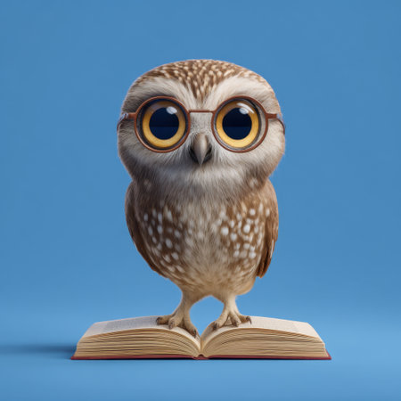 This adorable owl character with glasses stands on an open book against a vibrant blue background, perfect for educational themes and creative projects.の素材