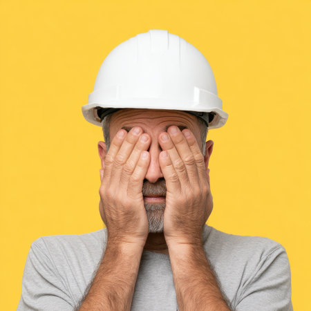 A person in a construction helmet covers their face with their hands, revealing deep frustration against a vivid yellow background, highlighting emotions in the workplace.の素材