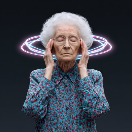 An elderly woman engages in deep contemplation with abstract light effects surrounding her, symbolizing thought and creativity in a serene setting.の素材