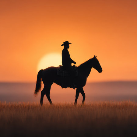 A striking silhouette of a cowboy riding horseback during a vibrant sunset, set against a peaceful rural landscape, highlighting freedom and adventure.の素材