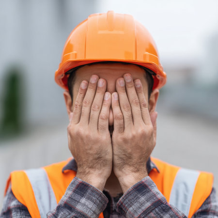 A construction worker wearing an orange hard hat and reflective safety vest is covering his face with his hands, showing emotion and fatigue at the job site.の素材