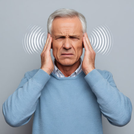 An elderly man shows a distressed expression while holding his head due to overwhelming noise, embodying feelings of discomfort and stress.の素材