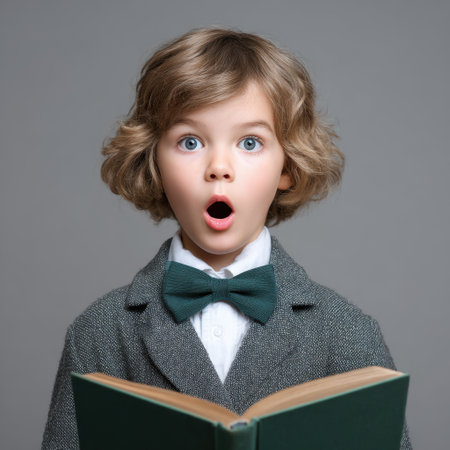 A delightful portrait of a child showcasing surprise and joy while holding an open book. The stylish attire and expressive face evoke a sense of wonder and curiosity about learning.の素材