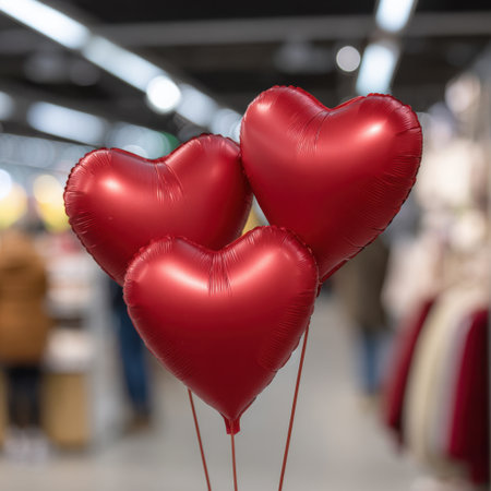 A vibrant display of red heart balloons stands out in a shopping center, creating a festive and cheerful atmosphere for celebrations and events.の素材