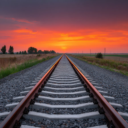 A stunning view of railway tracks stretching towards a vibrant sunset, showcasing warm and cool tones in the sky. This serene rural landscape evokes a sense of tranquility and adventure.の素材