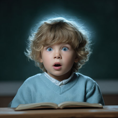 A young child with wide eyes expresses amazement while gazing at an open book in a classroom. The image captures a moment of genuine curiosity and learning.の素材