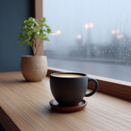 A cozy coffee cup rests on a wooden table with a small indoor plant, enhancing the warm ambiance of a rainy day by the window. Perfect for relaxation.の素材