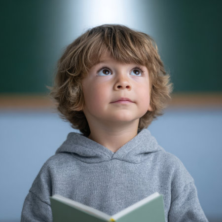 A young child with soft features gazes upwards with a curious expression in a bright classroom, holding a book that symbolizes learning and imagination.の素材