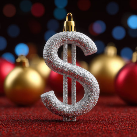 A shimmering silver dollar ornament glistens against a vibrant backdrop of colorful holiday lights, perfect for enhancing festive decorations and adding cheer.の素材