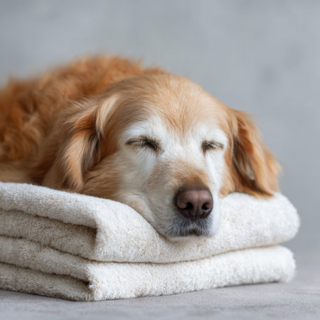 A serene golden retriever peacefully sleeps on a stack of fluffy towels, embodying comfort and tranquility in a cozy indoor environment.の素材