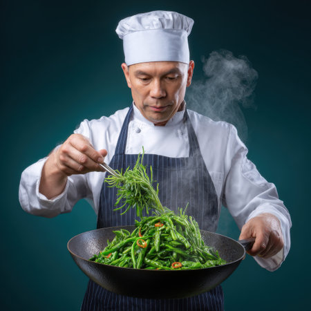 A skilled chef meticulously prepares fresh green beans in a wok, with steam rising against a dark backdrop. The atmosphere is vibrant and dynamic, showcasing culinary expertise.の素材