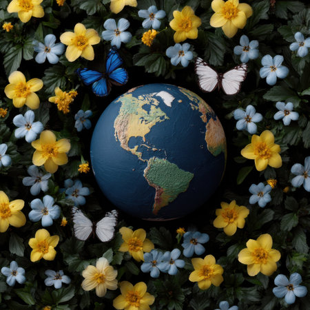 A stunning visual of the Earth surrounded by vibrant yellow and blue flowers, accompanied by delicate butterflies in a lush floral setting.の素材