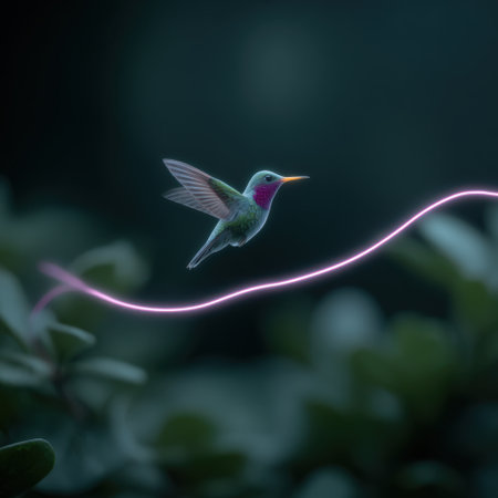 A stunning image of a vibrant hummingbird captured mid-flight, surrounded by lush greenery and an ethereal glow, representing the beauty of nature.の素材