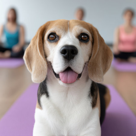 A joyful beagle dog sits calmly in a yoga studio setting, surrounded by instructors practicing yoga. This scene captures the essence of relaxation, harmony, and companionship through fitness.の素材