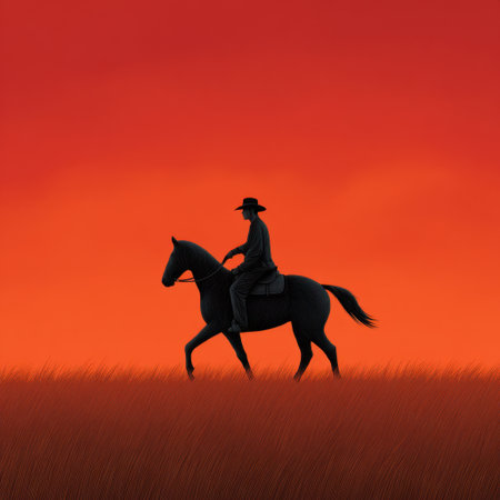 A striking silhouette of a cowboy riding a horse at sunset, showcasing a stunning blend of warm colors in the sky. This tranquil scene captures the essence of freedom and adventure in the rural landscape.の素材