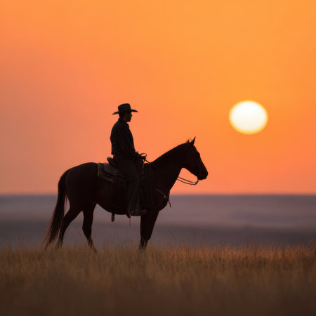 A stunning silhouette of a cowboy riding a horse at sunset, capturing the essence of freedom and solitude against a breathtaking landscape.の素材