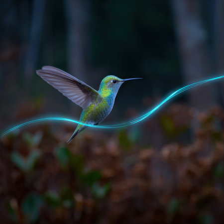 A stunning image showcasing a vibrant hummingbird in flight, surrounded by lush foliage. This scene captures the essence of nature's beauty and peacefulness.の素材