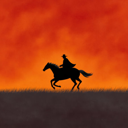 A striking silhouette of a horse rider stands against a colorful sunset sky, creating a dramatic and serene outdoor atmosphere perfect for escapism and adventure.の素材